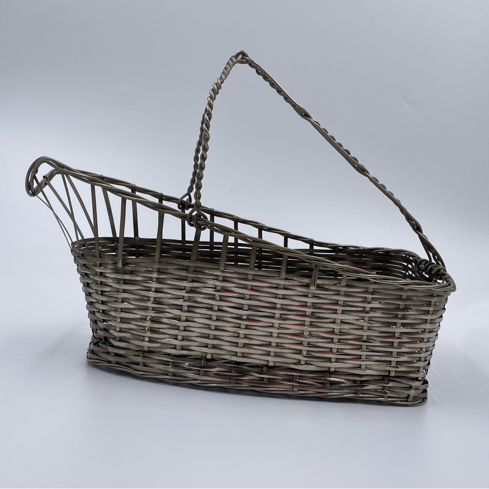 Vintage Wine Caddy Silver Metal Woven Basket with Handle